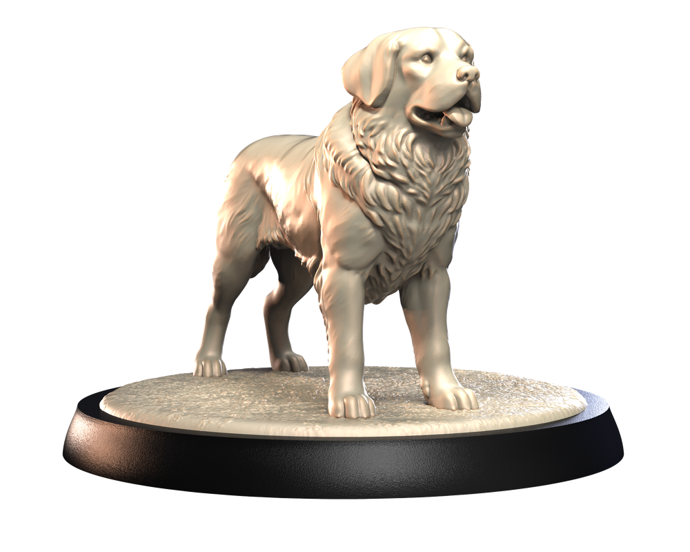 Unpainted 3D printed Saint Bernard dog miniature on a circular black base, featuring detailed fur and realistic posture.