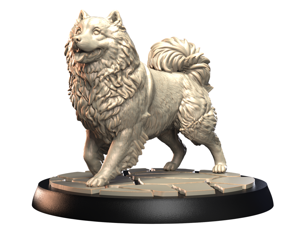 Unpainted 3D printed resin Samoyed dog miniature standing on a circular stone-textured base for dioramas.