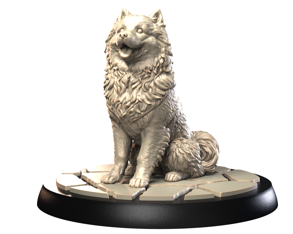 Unpainted 3D printed resin Samoyed dog miniature sitting on a stone-textured base for dioramas and wargaming.