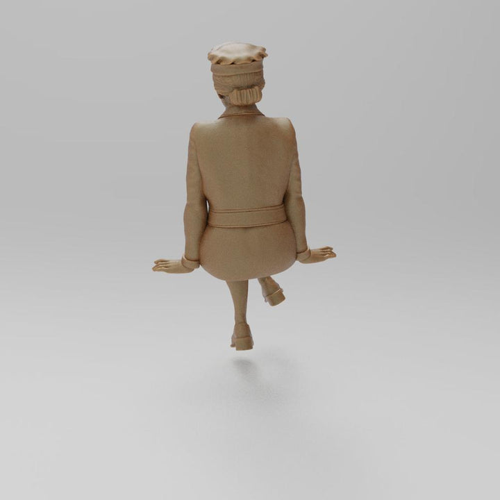 Unpainted 3D printed resin miniature of a seated WW2 RAF WAAF figure in terracotta clay color.