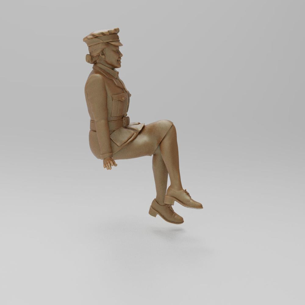 Unpainted 3D printed resin miniature of a seated WW2 RAF WAAF figure in uniform, shown in a terracotta clay color.