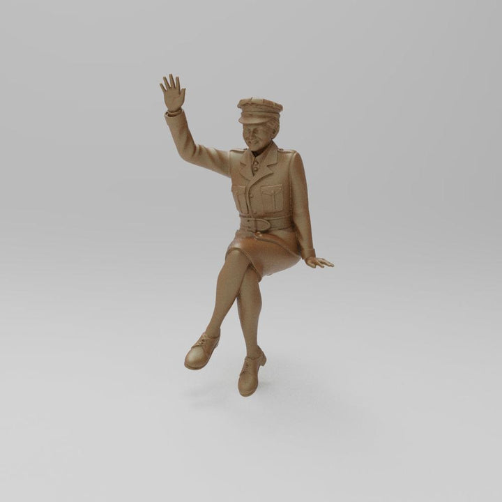 Unpainted terracotta resin 3D model of a WW2 military woman in uniform sitting and waving for diorama displays.