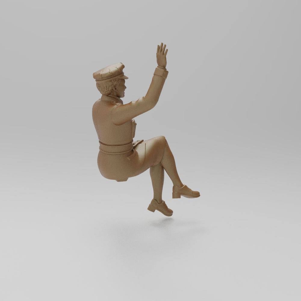Unpainted 3D printed resin miniature of a WW2 military woman in uniform, sitting and waving, terracotta color.