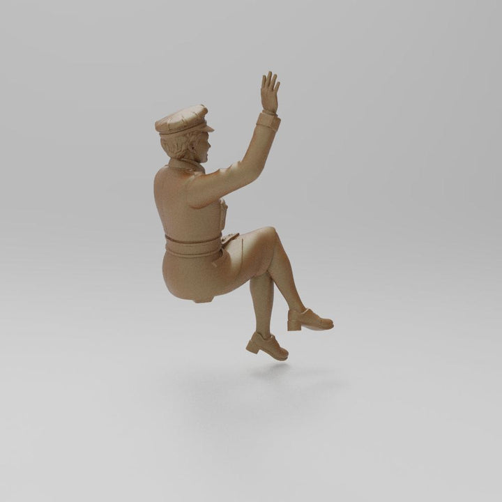 Unpainted 3D printed resin miniature of a WW2 military woman in uniform, sitting and waving, terracotta color.