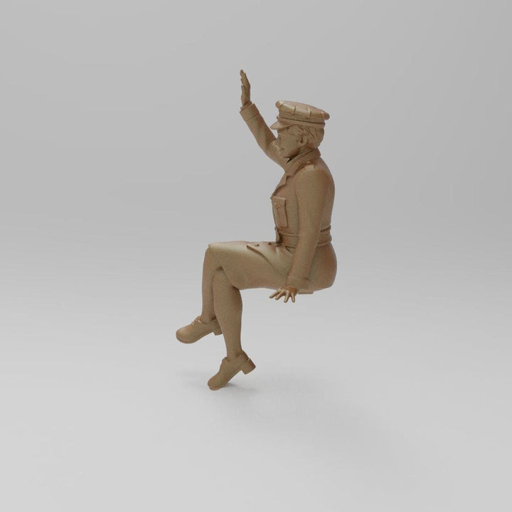 Unpainted terracotta-colored 3D resin miniature of a WW2 military woman sitting and waving, scale model figure.
