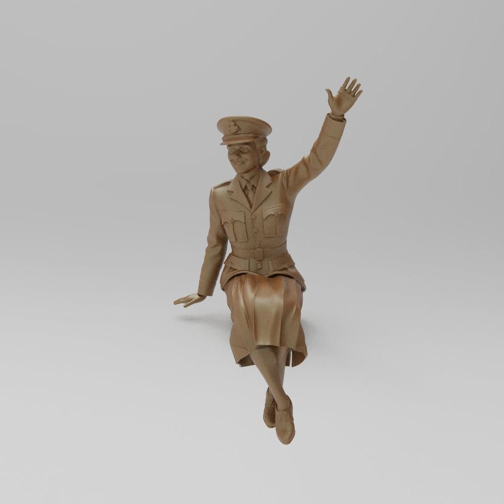 Unpainted terracotta-colored 3D printed miniature of a WW2 military woman in uniform sitting and waving.