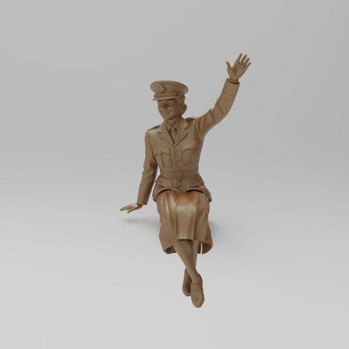 Unpainted terracotta-colored 3D printed miniature of a WW2 military woman in uniform sitting and waving.