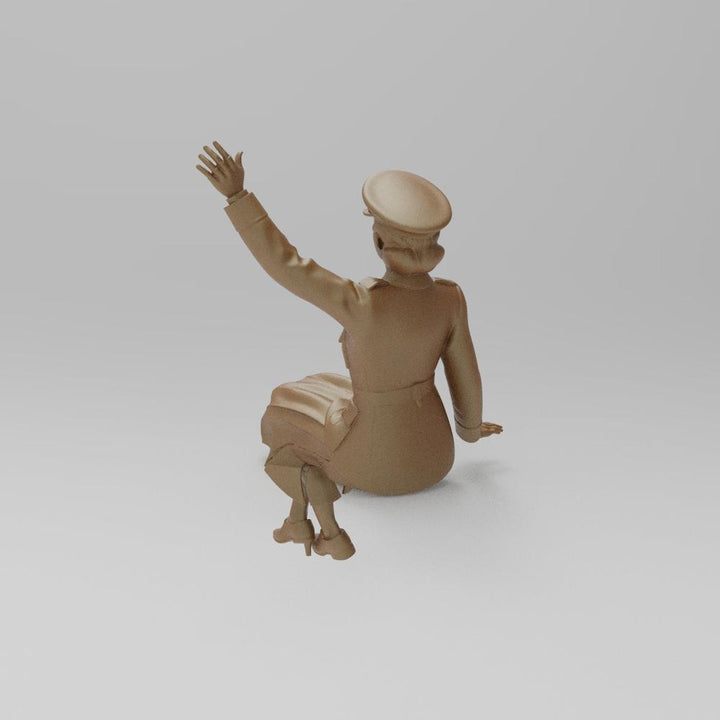 Unpainted 3D printed resin miniature of a WW2 military woman in uniform sitting and waving, terracotta color.