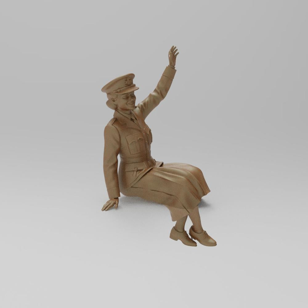 Unpainted terracotta resin 3D model of a WW2 military woman in uniform sitting and waving, for diorama building.