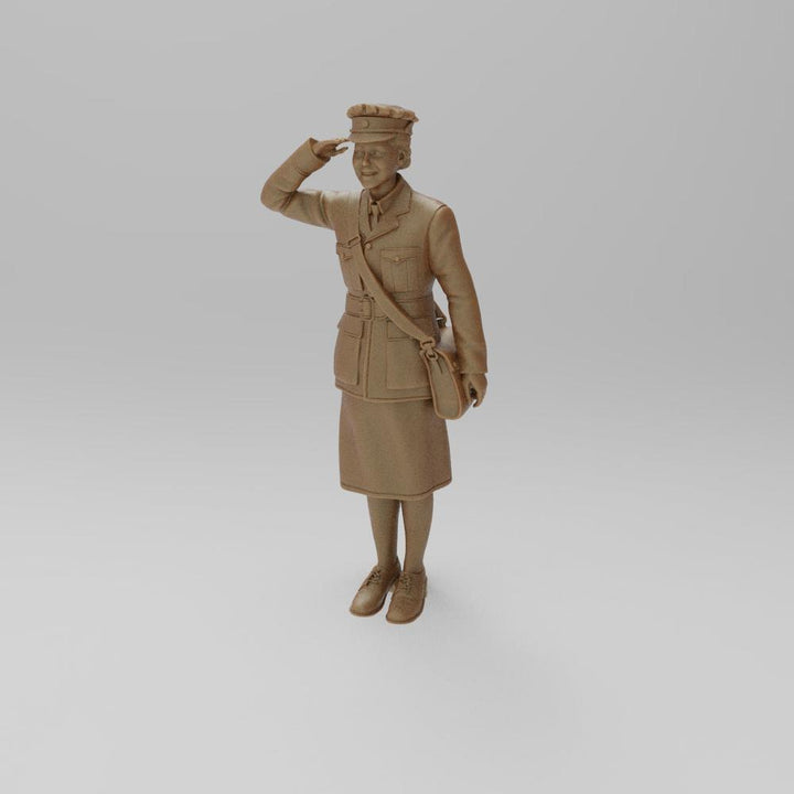 Unpainted 3D printed resin miniature of a WW2 RAF WAAF soldier in uniform saluting, terracotta clay color.