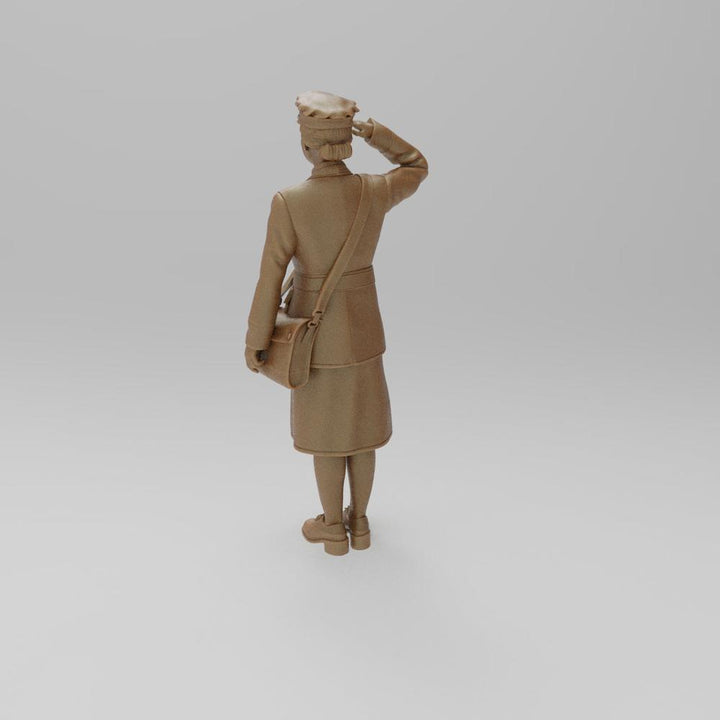 Unpainted 3D printed resin miniature of a WW2 RAF WAAF soldier in uniform saluting, viewed from behind.