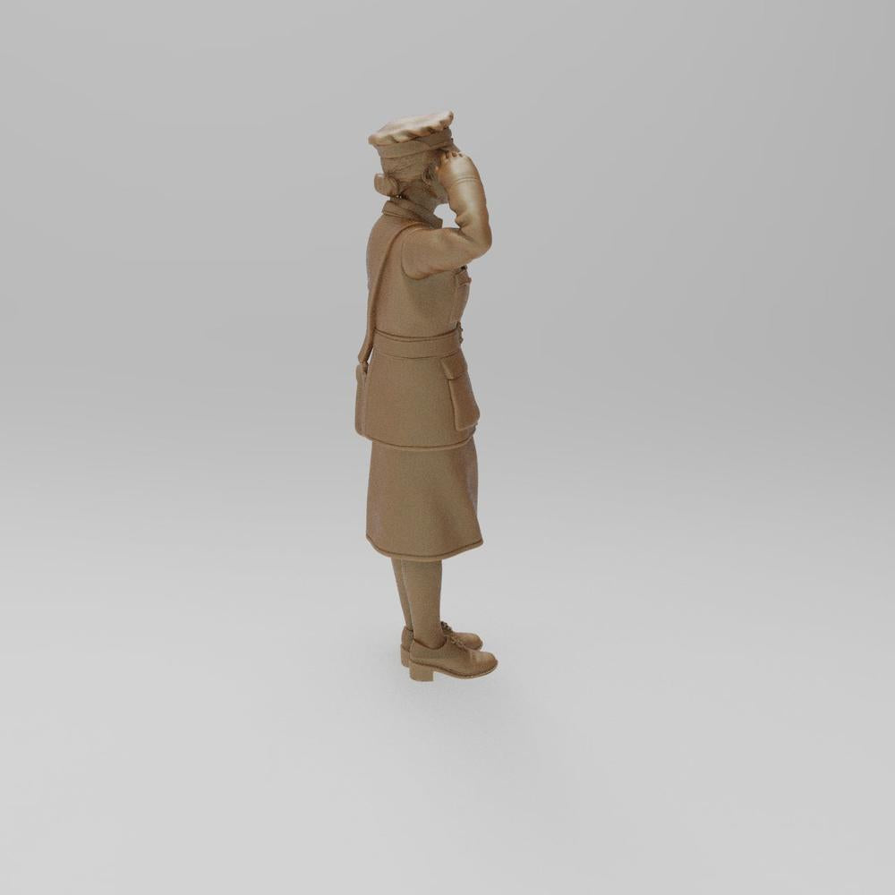 3D printed unpainted terracotta resin miniature of a WW2 RAF WAAF soldier in uniform saluting, side profile view.