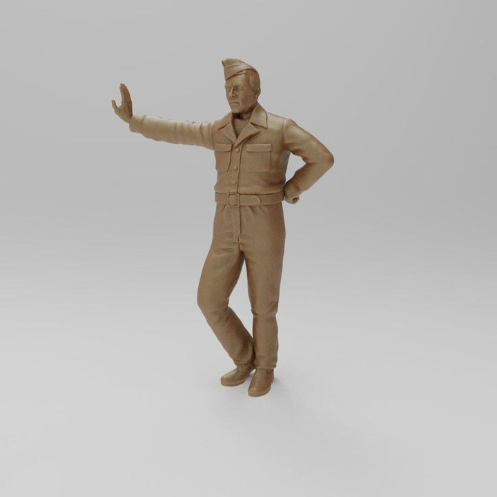 Unpainted 3D printed resin miniature of a WW2 RAF ground crew member leaning with arm outstretched.