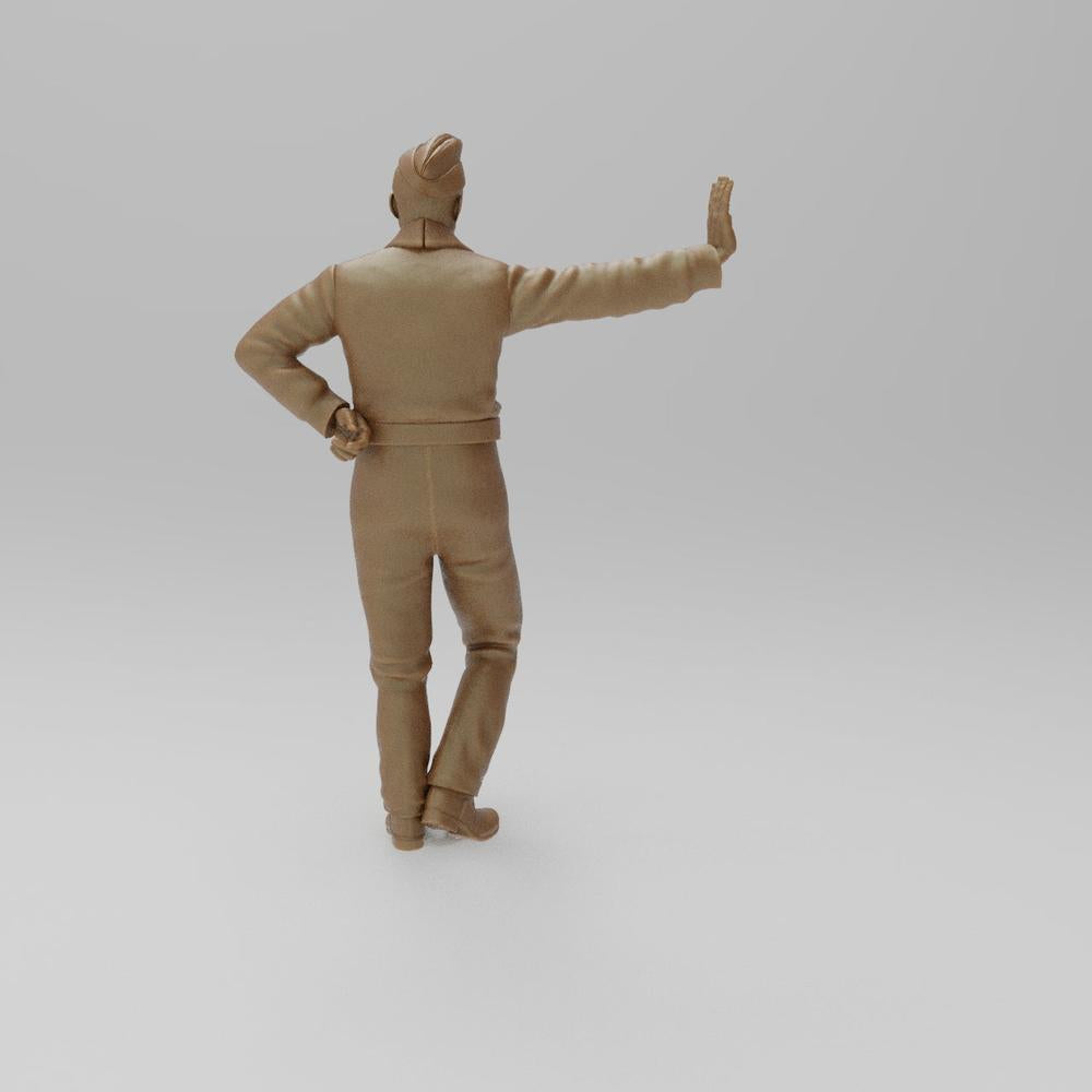 Unpainted terracotta-colored 3D printed miniature of a WW2 RAF ground crew member leaning to the right.