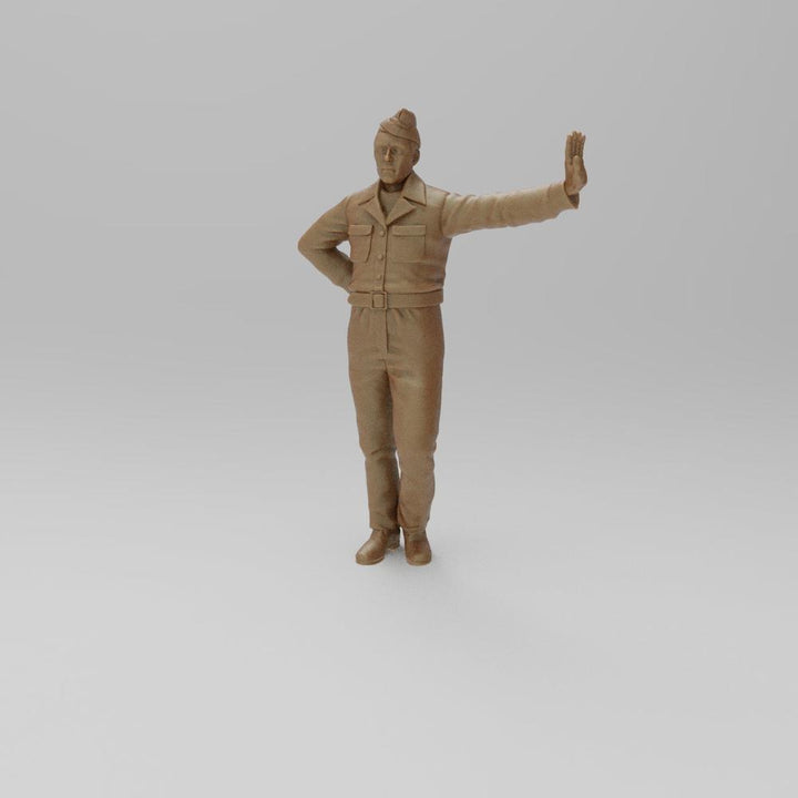 Unpainted 3D printed resin model of a WW2 RAF ground crew figure leaning left with hand raised, terracotta color.