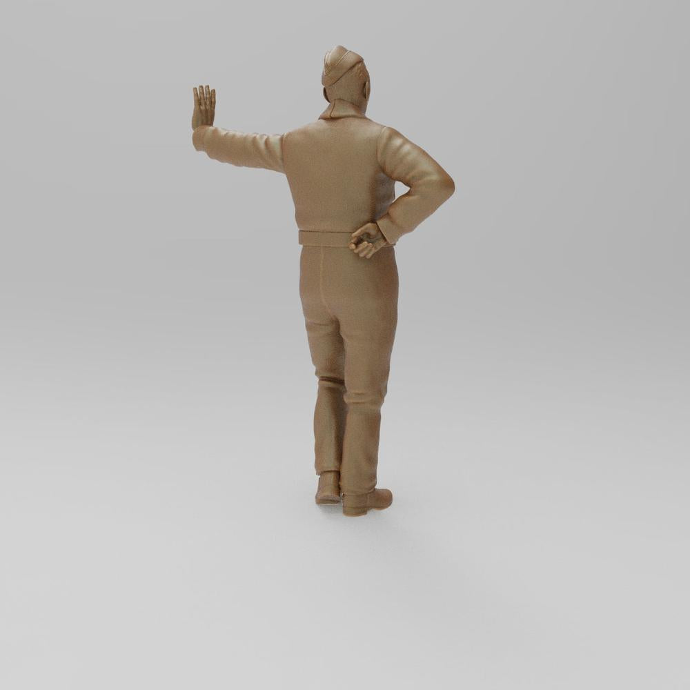 Unpainted 3D printed resin model of a WW2 RAF ground crew figure leaning left, shown in a clay-colored finish.