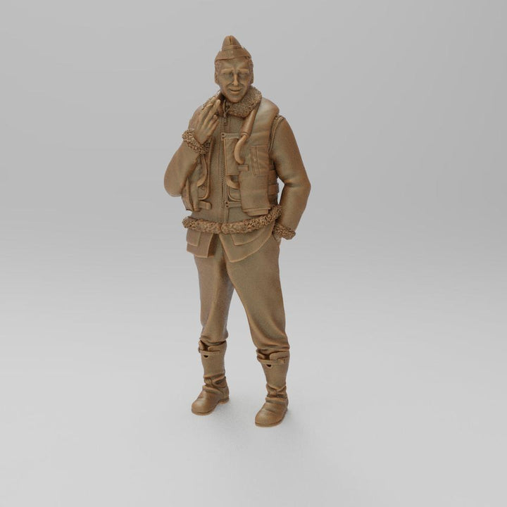 Unpainted 3D printed resin model of a WW2 RAF pilot in flight gear, smoking, in a terracotta clay finish.