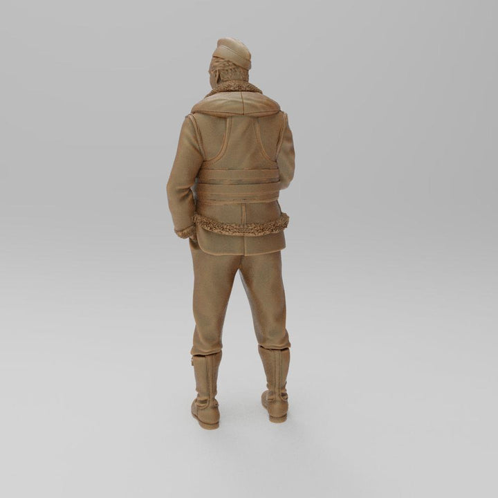 Unpainted 3D printed resin miniature of a WW2 RAF pilot in a flight jacket, viewed from the back.