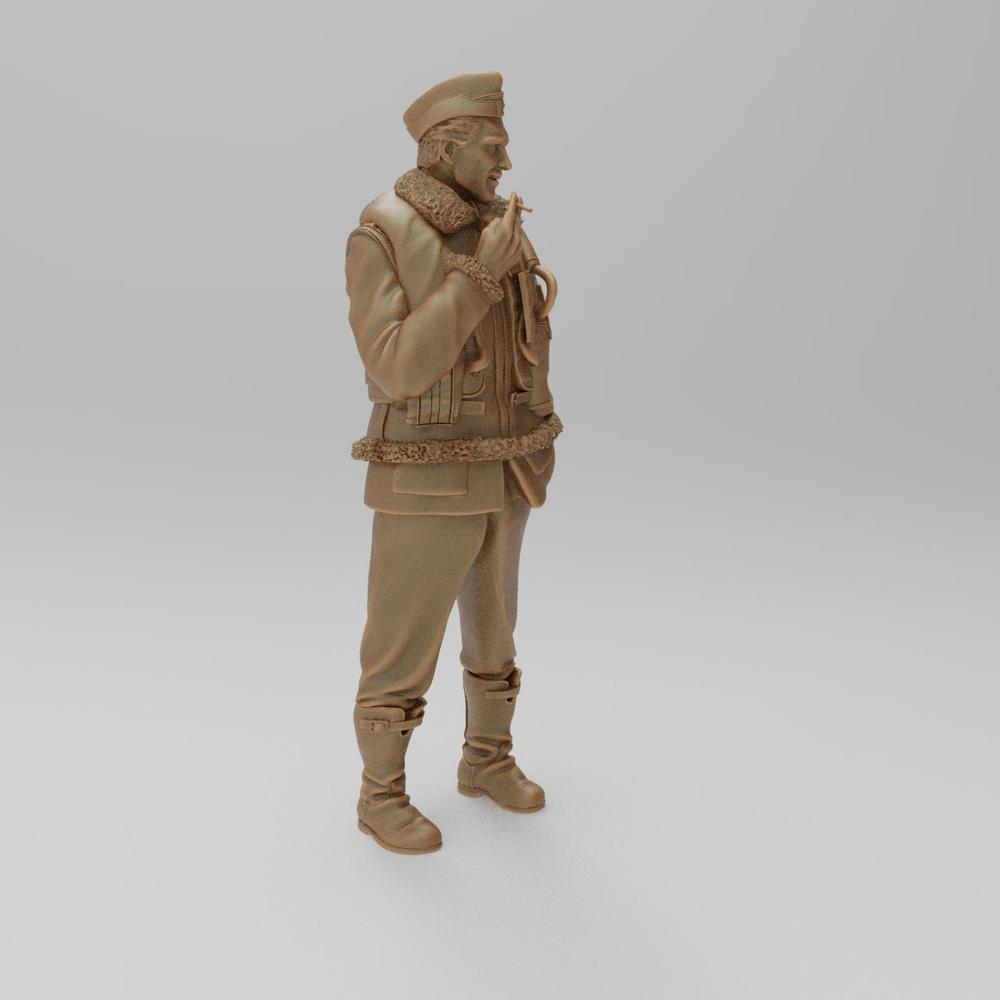 Unpainted 3D printed resin miniature of a WW2 RAF pilot in a flight jacket smoking, shown in terracotta clay color.