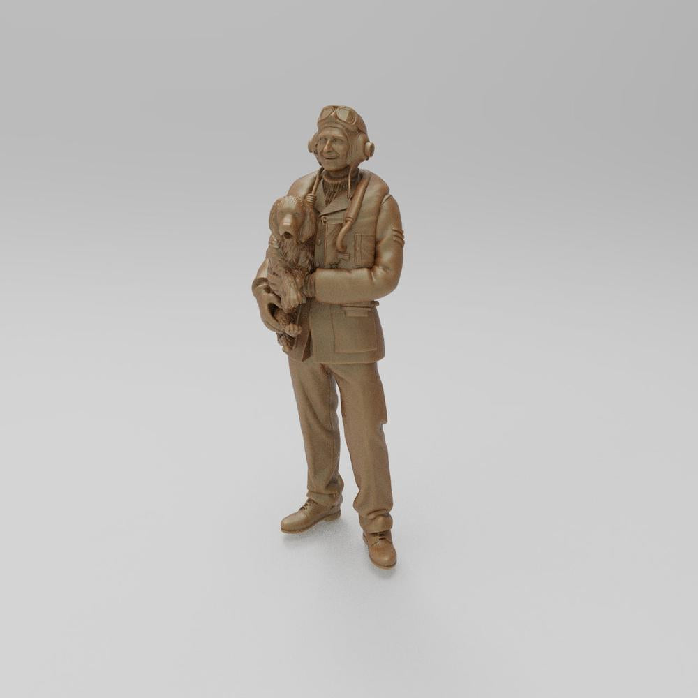 Unpainted 3D printed resin model of a WW2 RAF sergeant in flight gear holding a dog, terracotta clay color.