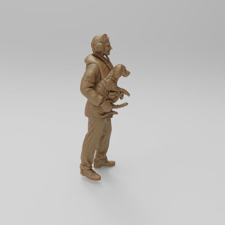 Unpainted terracotta resin 3D model of a WW2 RAF sergeant in flight gear holding a small dog, side view.