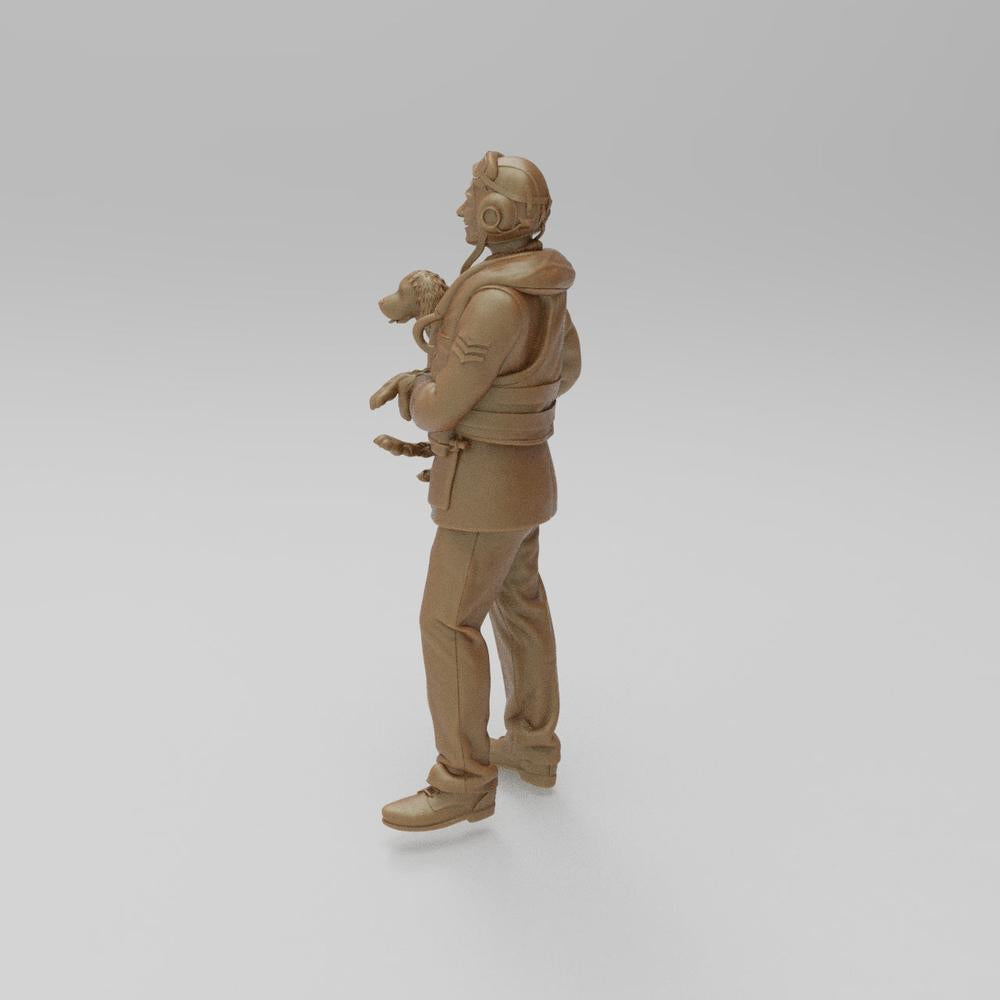 Unpainted terracotta resin 3D model of a WW2 RAF sergeant in flight gear holding a small dog, side view.