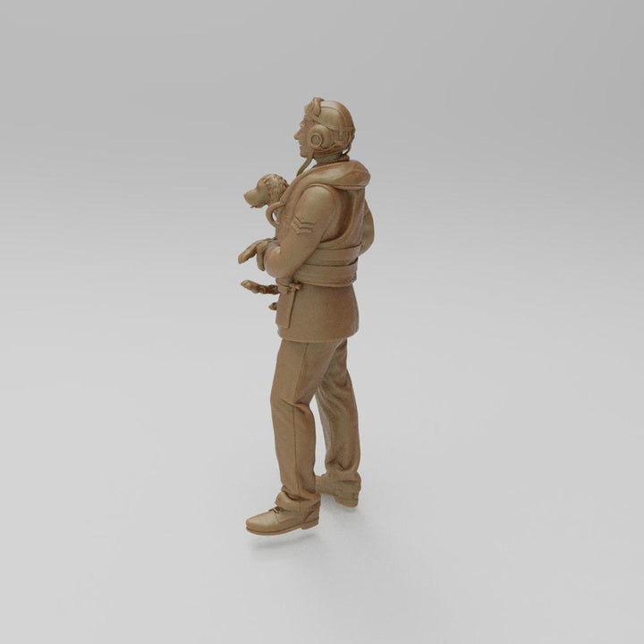 Unpainted terracotta resin 3D model of a WW2 RAF sergeant in flight gear holding a small dog, side view.