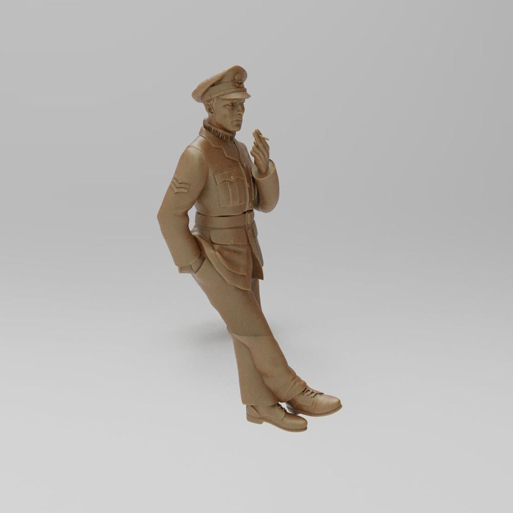 Unpainted 3D printed resin miniature of a WW2 RAF Sergeant aircrew member standing and smoking.