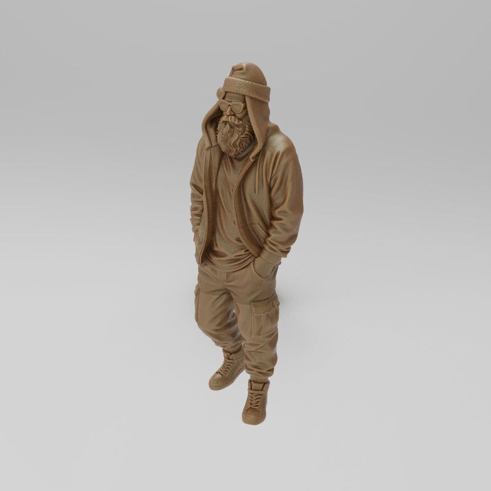 Unpainted 3D printed resin miniature of a cool Santa wearing a hoodie, beanie, glasses, and cargo pants.