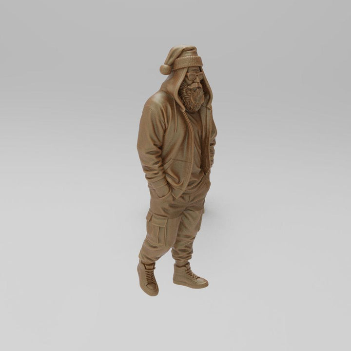 Unpainted 3D printed resin miniature of a cool Santa wearing a hoodie, cargo pants, and sneakers in a clay color.