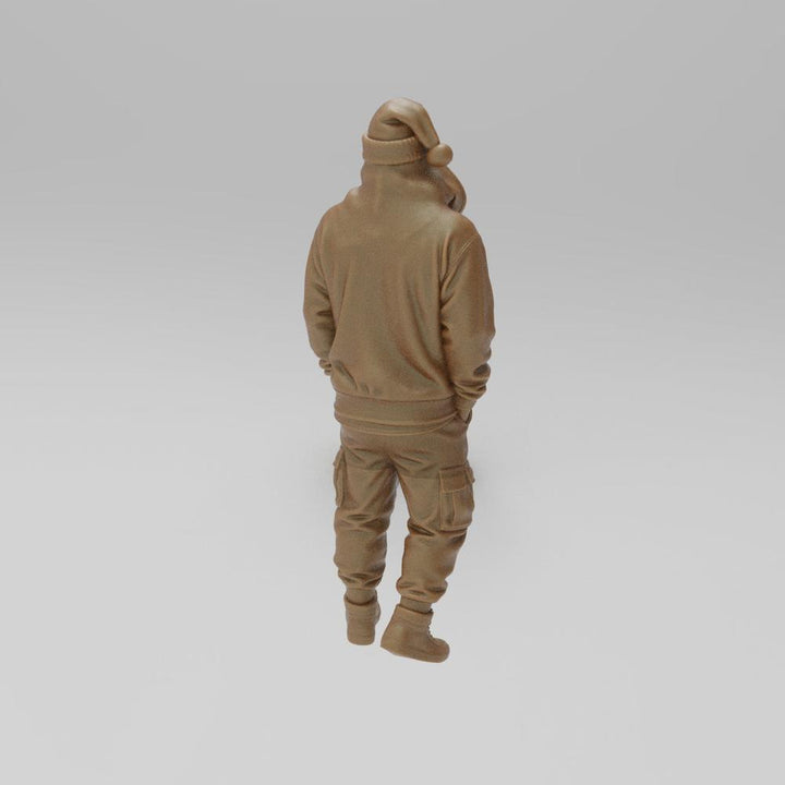 Unpainted terracotta resin 3D model of a cool Santa wearing a hoodie, cargo pants, and a beanie, seen from behind.