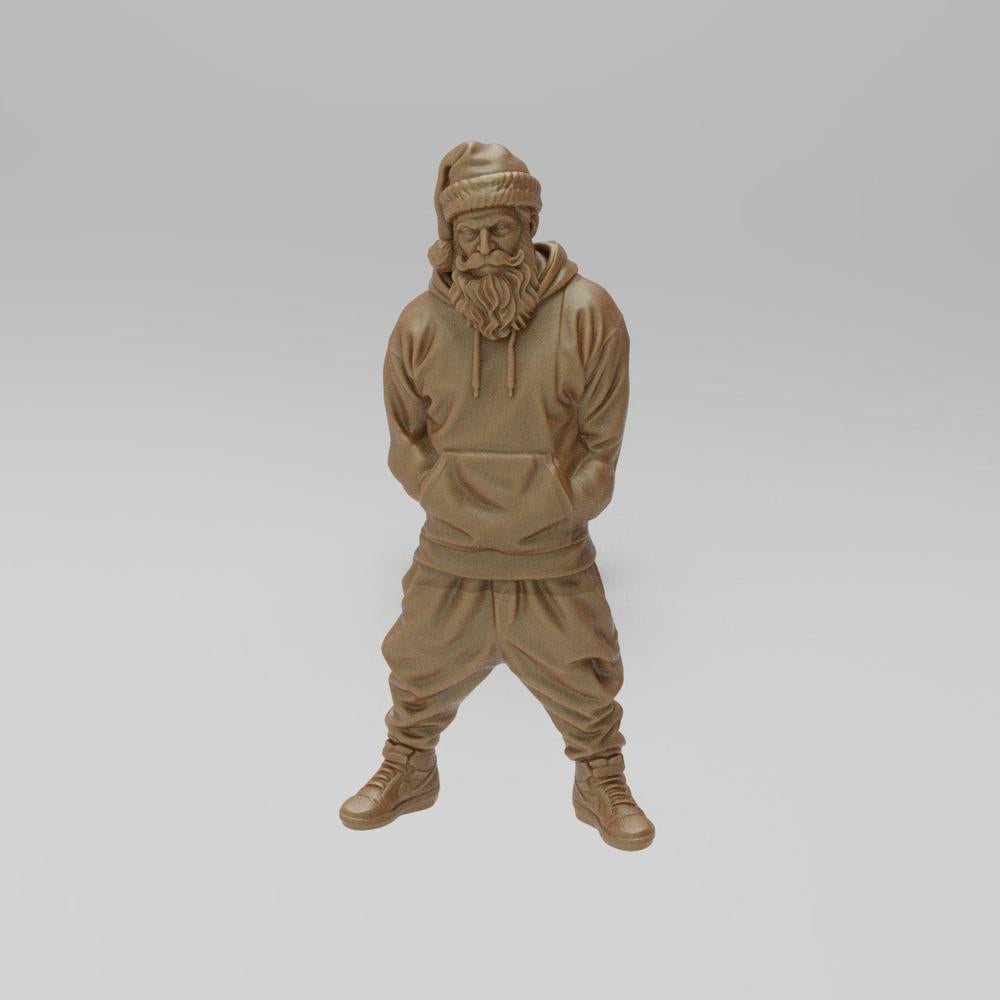 Unpainted 3D printed resin miniature of a sporty Santa Claus wearing a hoodie, joggers, and sneakers.
