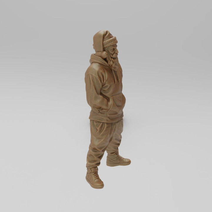 Unpainted 3D printed resin miniature of a sporty Santa Claus wearing a hoodie, joggers, and sneakers.