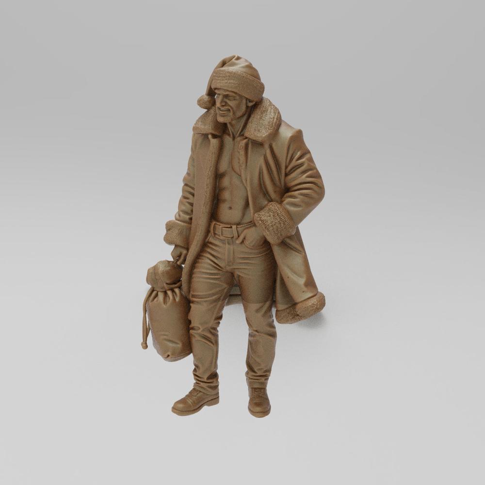 Unpainted 3D printed resin miniature of a muscular Santa Claus wearing an open coat, jeans, and a hat, holding a sack.