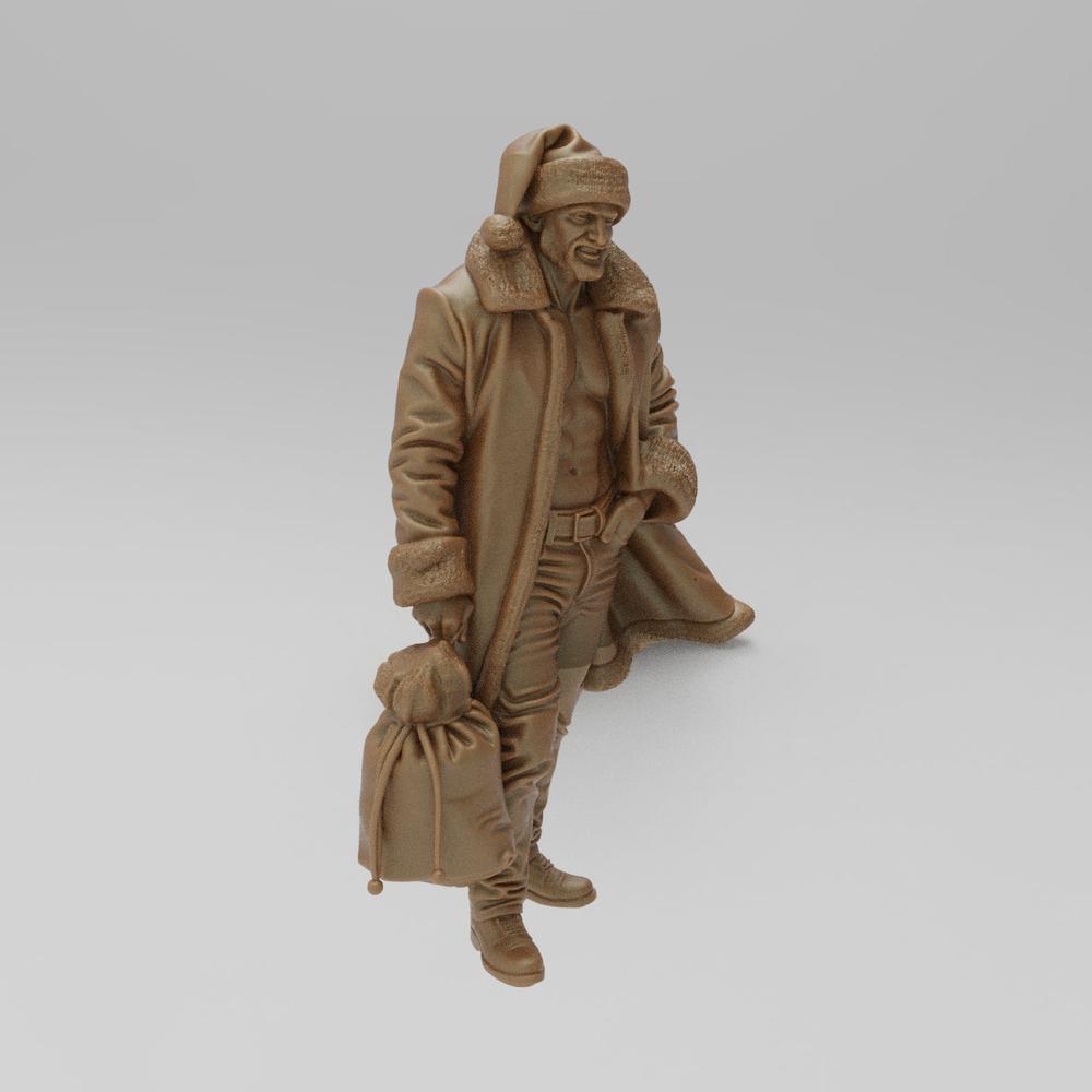 Unpainted terracotta resin 3D model of a muscular Santa Claus figure wearing an open coat and carrying a gift sack.