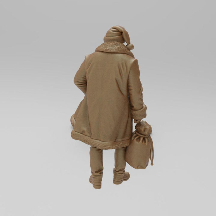 Unpainted terracotta resin 3D model of a muscular Santa Claus figure seen from behind, carrying a large gift sack.