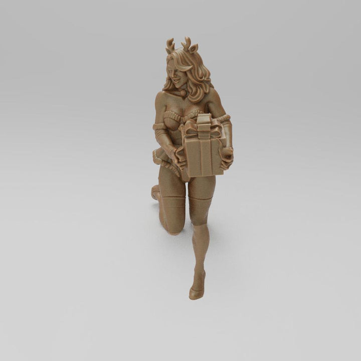 Unpainted terracotta-colored 3D resin model of a sexy elf wearing reindeer antlers and holding a wrapped gift.