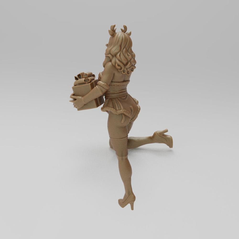Unpainted 3D printed resin miniature of a sexy elf wearing reindeer antlers and holding a gift, terracotta color.
