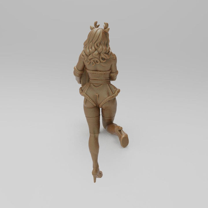 Unpainted terracotta resin 3D model of a sexy elf figure with reindeer antlers, viewed from behind.