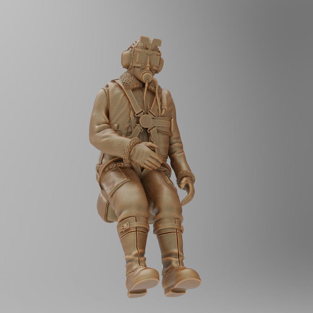 Unpainted terracotta-colored 3D resin model of a seated WW2 RAF pilot wearing a flight suit, goggles, and oxygen mask.