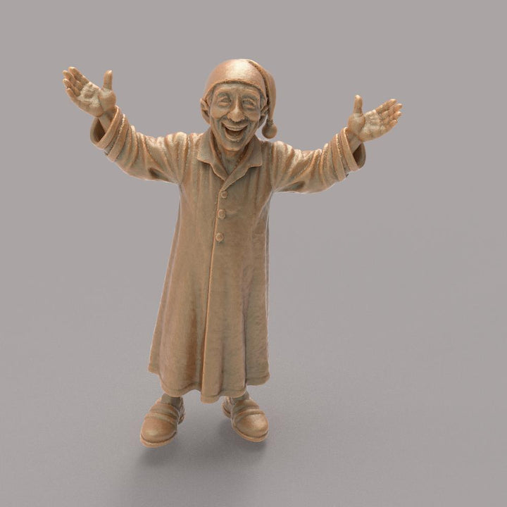 Unpainted 3D printed resin miniature of a happy Scrooge in a nightcap and robe with arms outstretched.