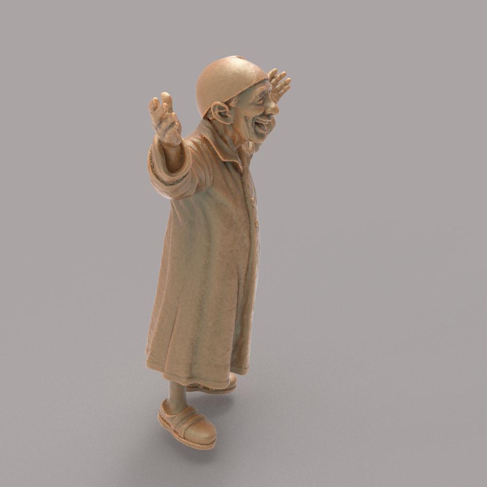 Unpainted terracotta-colored 3D resin model of a joyful Scrooge figure in a nightgown for diorama and model railways.