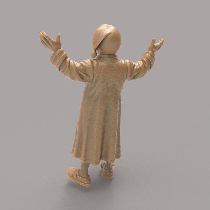 Unpainted 3D printed resin miniature of Scrooge in a nightcap and robe with arms outstretched, terracotta color.
