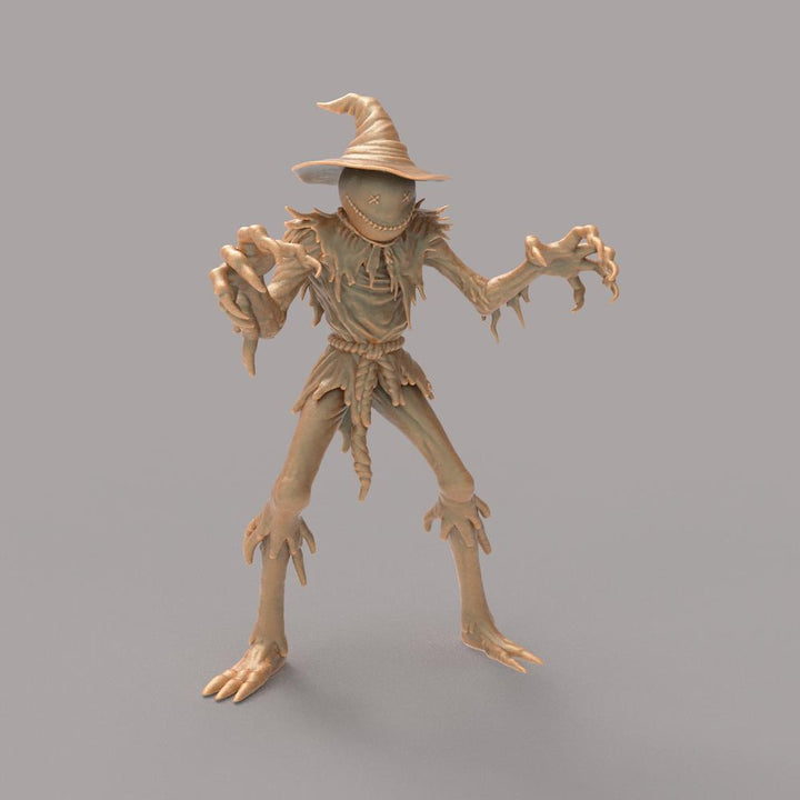 Unpainted terracotta-colored resin 3D model of a spooky scarecrow wearing a tattered hat and reaching out with clawed hands.