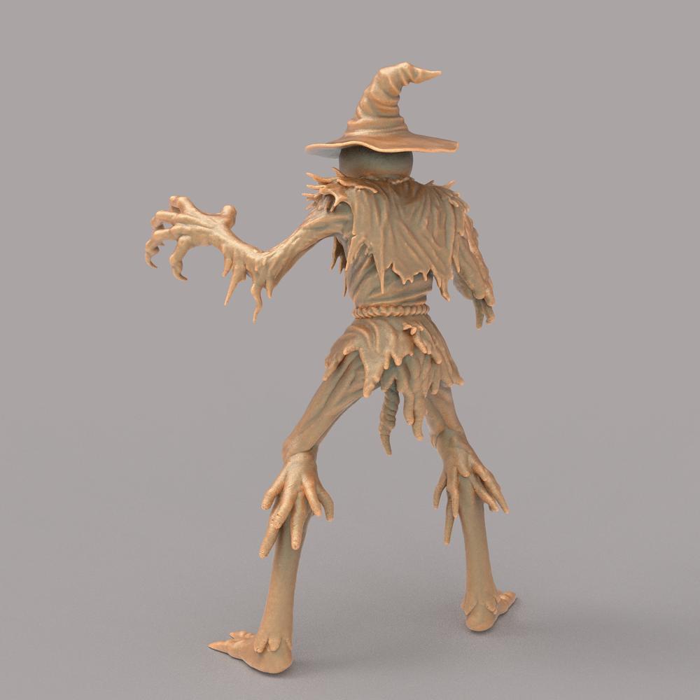Unpainted terracotta-colored 3D resin model of a spooky scarecrow wearing a pointed hat, back view.