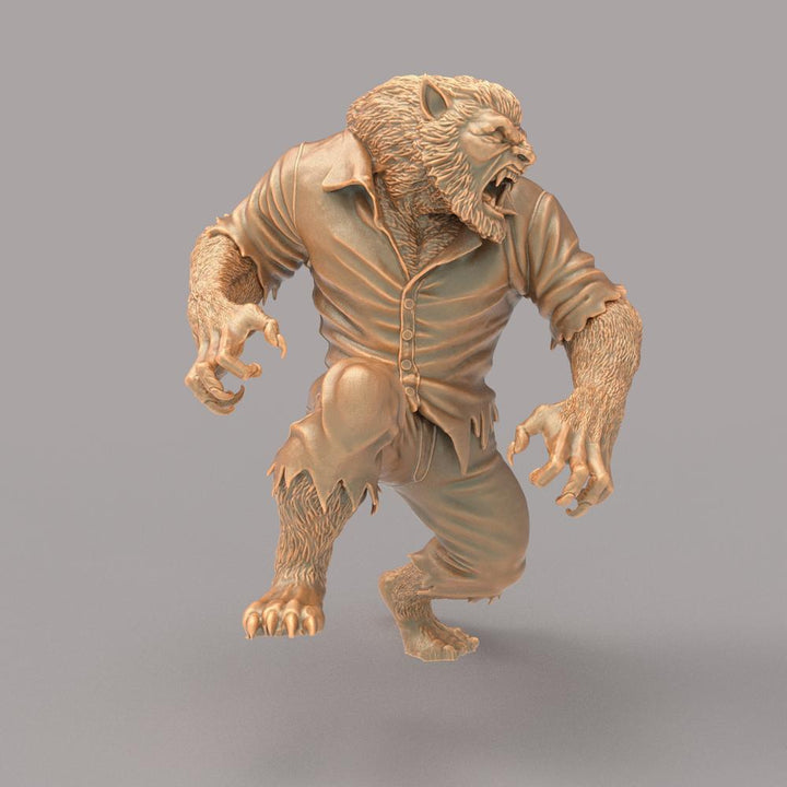Unpainted terracotta-colored 3D resin werewolf miniature in a dynamic, snarling pose wearing torn clothing.