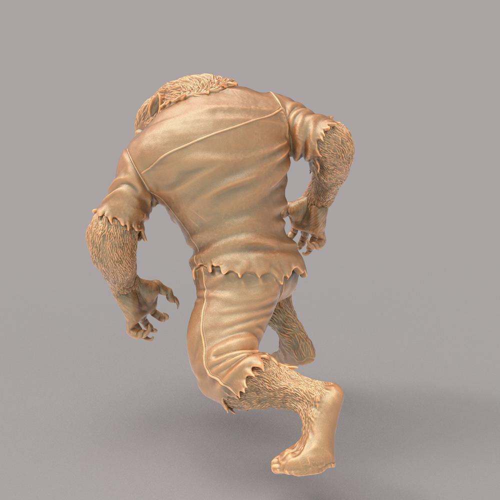 Unpainted 3D printed resin werewolf miniature in a terracotta clay color, showing detailed fur and tattered clothing.
