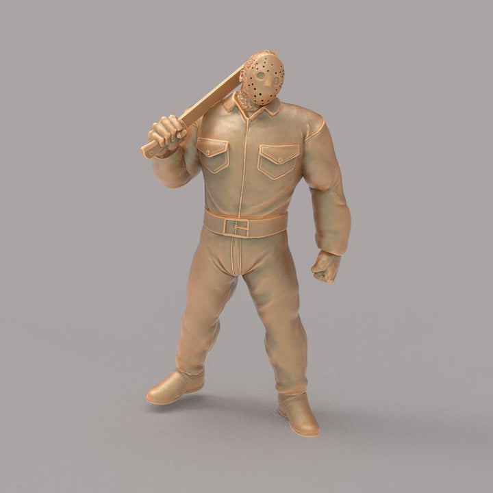 Unpainted terracotta-colored 3D resin model of Jason Voorhees wearing a hockey mask and holding a machete.