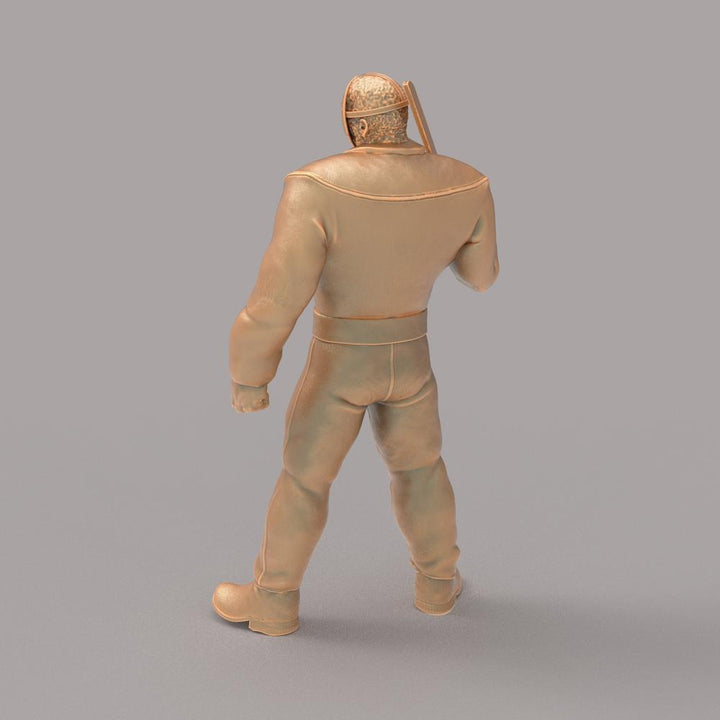 Unpainted terracotta-colored 3D resin model of Jason Voorhees wearing a hockey mask, viewed from the back.