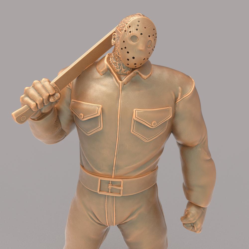 Unpainted terracotta-colored 3D resin model of Jason Voorhees holding a machete, designed for dioramas and collectors.